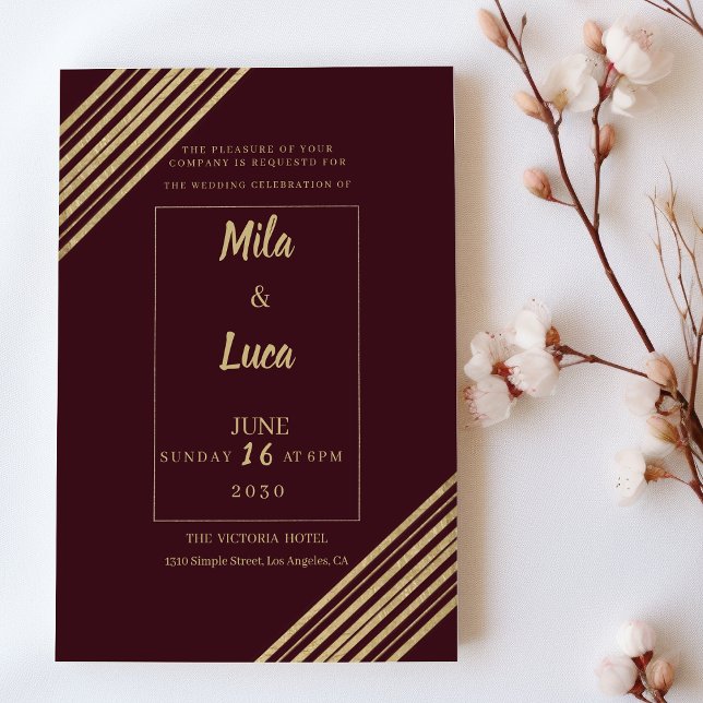 Invitation Mariage typo géométrique bordeaux or (Geometrical burgundy gold typo Wedding )