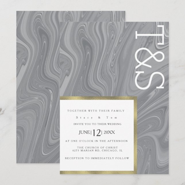 Invitation Mariage Typographie Agate Gris Liquide Marbre (Devant / Derrière)