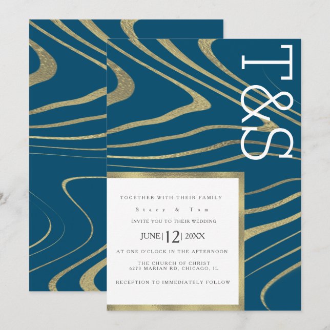 Invitation Mariage Typographie Agate Or Liquide Marbre (Devant / Derrière)