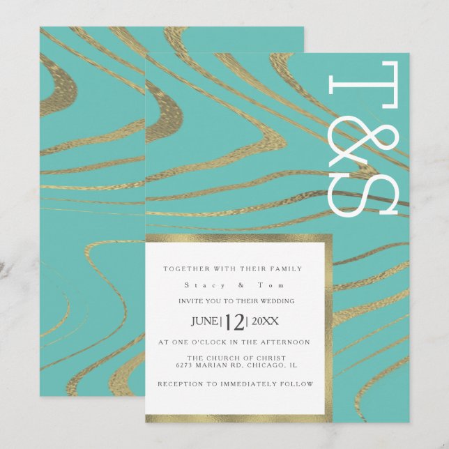 Invitation Mariage Typographie Agate Or Liquide Marbre (Devant / Derrière)