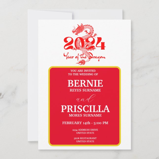 Invitation Mariage Typographie Blanche Et Année Du Dragon (Devant)