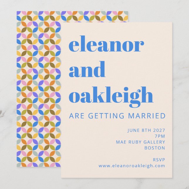 Invitation Mariage Typographie Bleue Géométrique Moderne Colo (Devant / Derrière)
