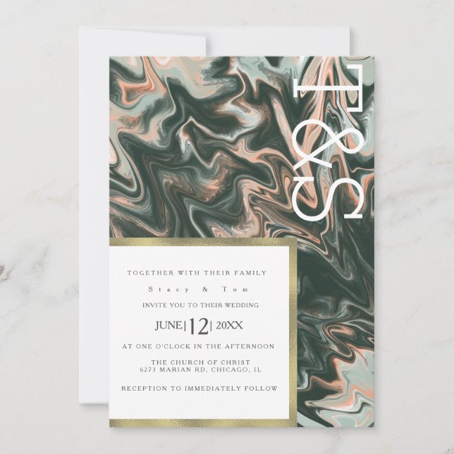 Invitation Mariage Typographie Corail Végétal Liquide Marbre (Devant)