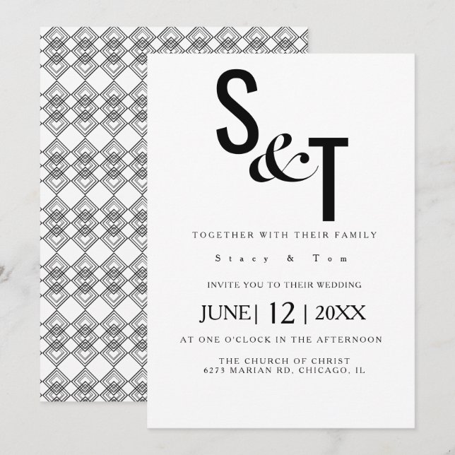 Invitation Mariage Typographie Dos Géométrique Noir Blanc (Devant / Derrière)