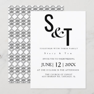 Invitation Mariage Typographie Dos Géométrique Noir Blanc