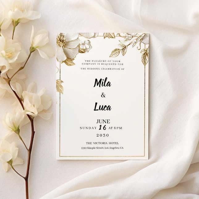 Invitation Mariage typographie fleurs or blanc élégant (Elegant white gold flowers typography Wedding )