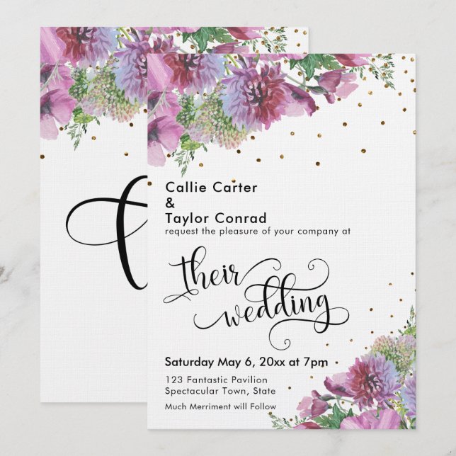 Invitation Mariage Typographie Fleurs Sauvages Confettis Doré (Devant / Derrière)