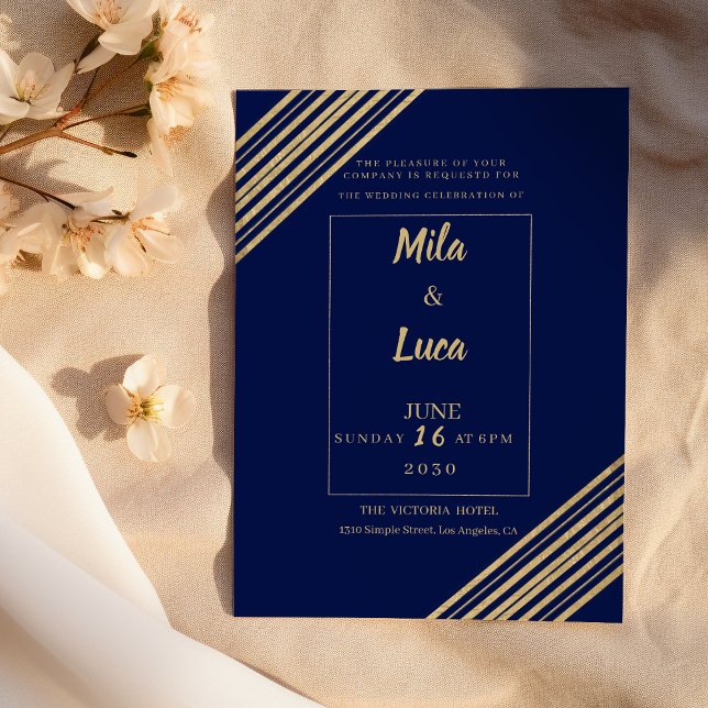 Invitation Mariage typographie géométrique bleu marine or (Geometrical navy blue gold typography Wedding)