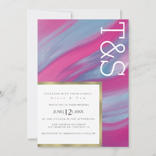 Invitation Mariage Typographie Lavage Rose Bleu Marbre (Devant)