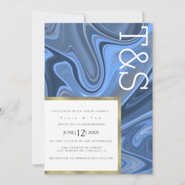 Invitation Mariage Typographie Liquide Marbre Bleu Nuit Or (Devant)