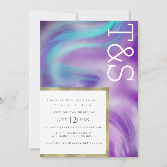 Invitation Mariage Typographie Marbre Gras Menthe Violet Bleu (Devant)
