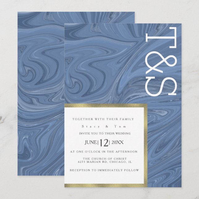 Invitation Mariage Typographie Marbre Liquide Bleu Foncé Or (Devant / Derrière)