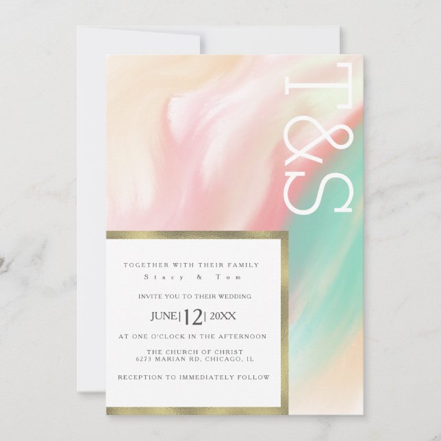 Invitation Mariage Typographie Marbre Rose Sarcelle Pêche Gra (Devant)