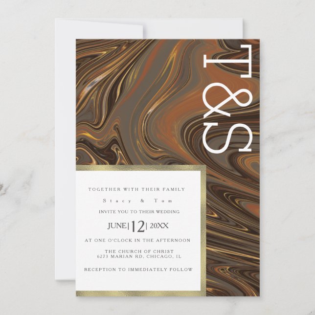 Invitation Mariage Typographie Marron Or Liquide Marbre (Devant)