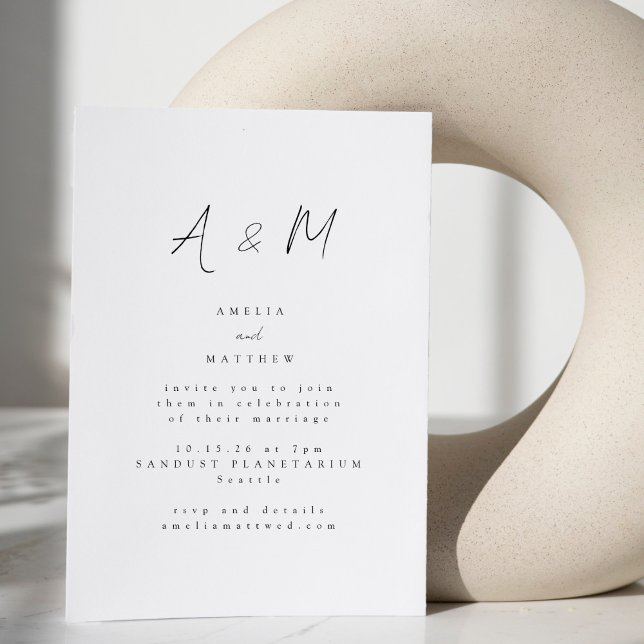 Invitation Mariage Typographie Monogramme Blanc Script Minima (Créateur téléchargé)