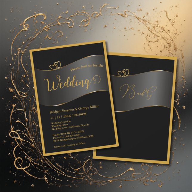Invitation mariage typographie monogramme cadre or noir (Créateur téléchargé)