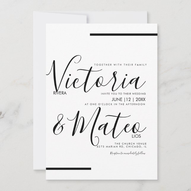 Invitation Mariage Typographie Script Noir Blanc Ligne (Devant)