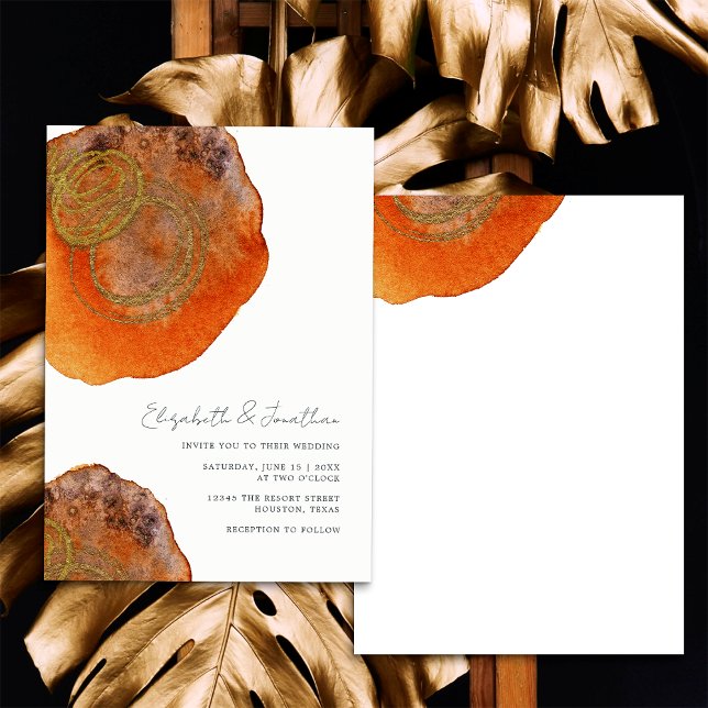 Invitation Mariage Unique Abstrait Aquarelle Orange Brûlé (Front/Back)
