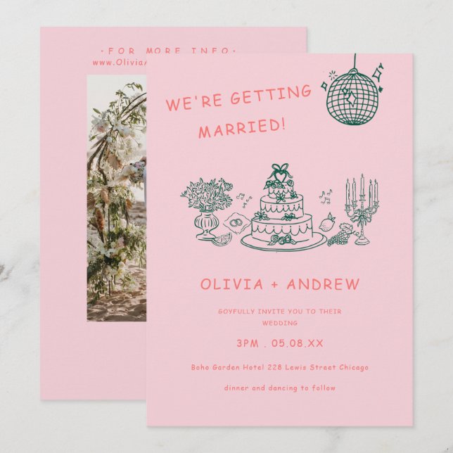 Invitation Mariage Unique et Fantaisiste Dessiné à la Main (Devant / Derrière)