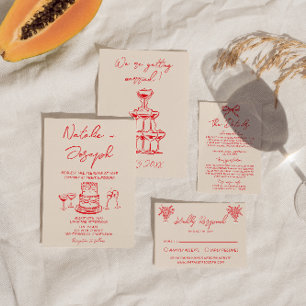 Invitation Mariage Unique et Quirky à la Main Rouge Gâteau De