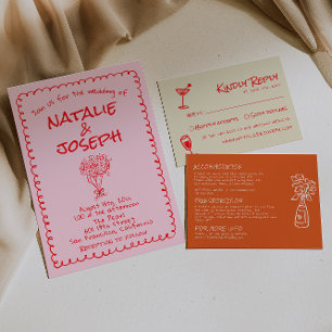 Invitation Mariage Unique Rétro Rose Rouge Dessiné à la Main