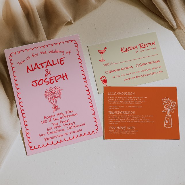 Invitation Mariage Unique Rétro Rose Rouge Dessiné à la Main (Créateur téléchargé)