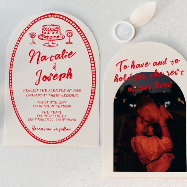 Invitation Mariage Unique Rouge Dessiné à la Main Rétro Arqué (Créateur téléchargé)