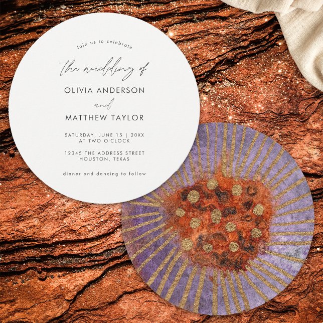 Invitation Mariage Unique Simple Violet Or Aquarelle Bohème (Front/Back)