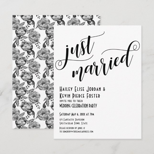 Invitation Mariage Unique Typographie Blanc Noir Pivoines (Devant / Derrière)