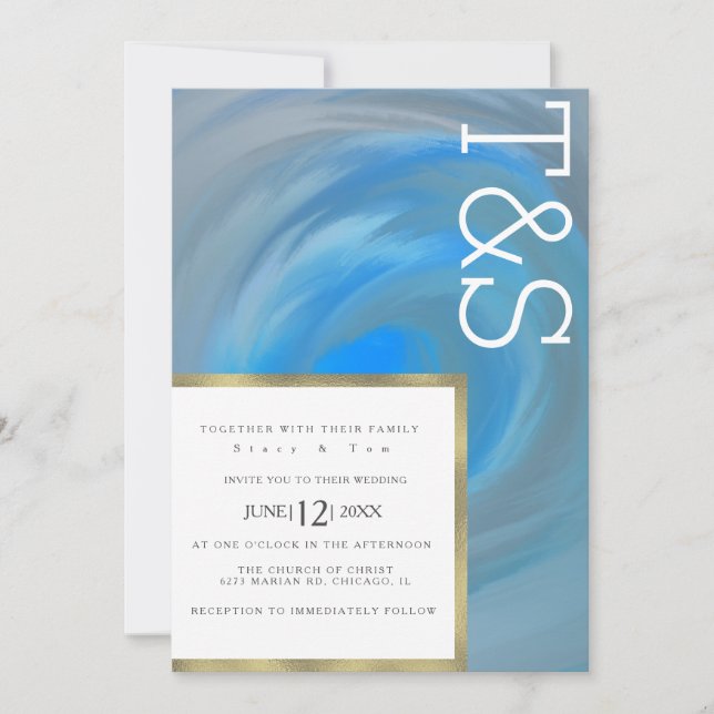 Invitation Mariage Vague de Plage en Typographie Bleue Marbre (Devant)