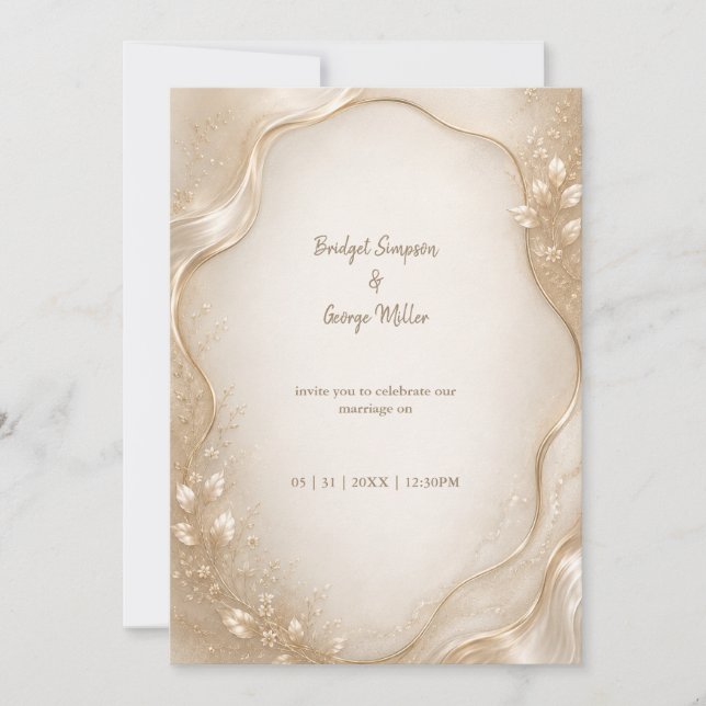Invitation Mariage vague métallique botanique Champagne  (Devant)
