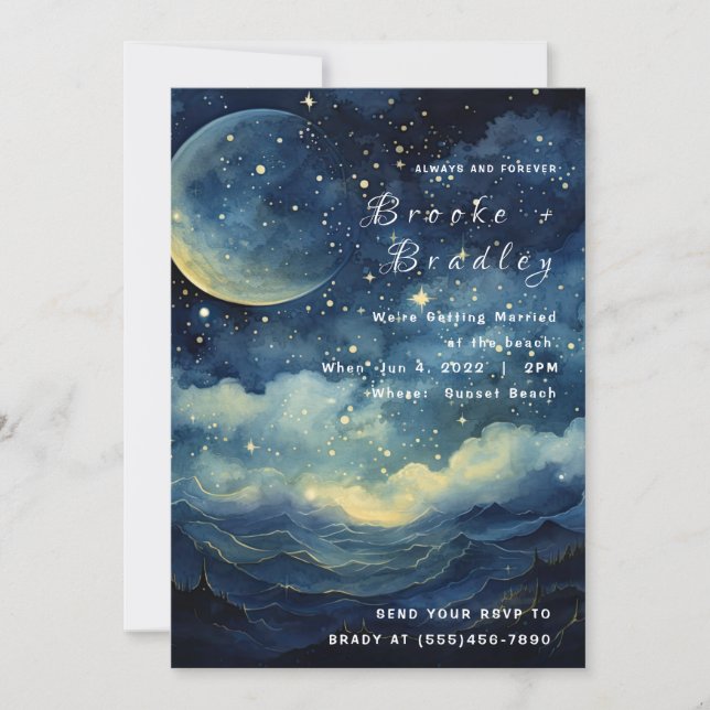 Invitation Mariage Vagues Célestes au Clair de Lune (Devant)