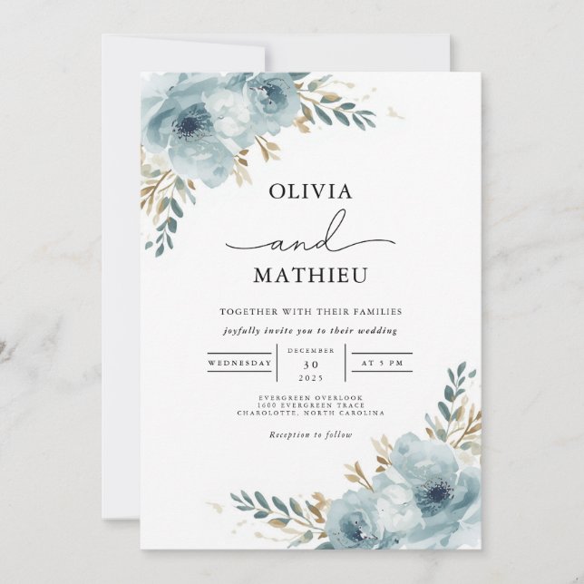 Invitation Mariage végétal bleu serene (Devant)