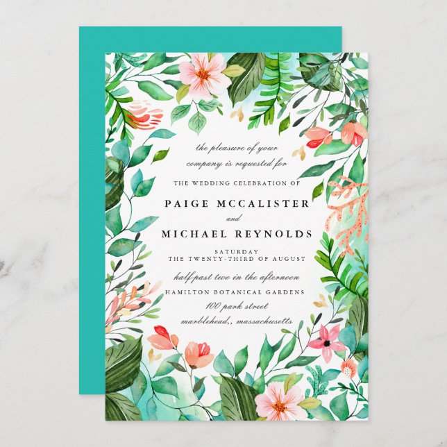 Invitation Mariage végétal bleu turquoise rose (Devant / Derrière)