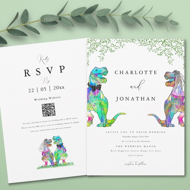 Invitation Mariage Végétal de la Mariée et du Marié Dinosaure (Boho dinosaur wedding invitation with watercolor eucalyptus foliage and qr code)