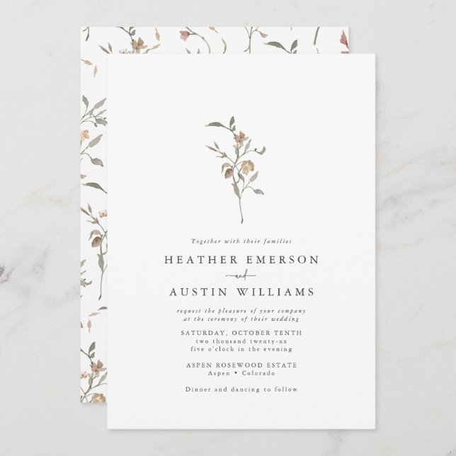 Invitation Mariage végétal minimaliste de Boho (Devant / Derrière)