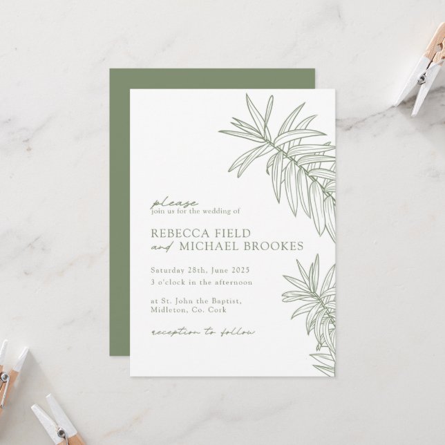 Invitation Mariage végétal minimaliste Sage Green (Devant/Arrière en situation)