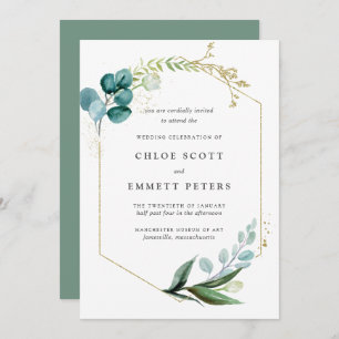 Invitation Mariage végétal minimaliste Turquoise en or bleu