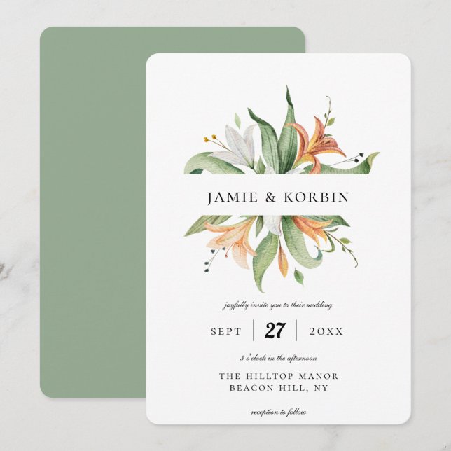 Invitation Mariage végétal moderne Lily Floral (Devant / Derrière)
