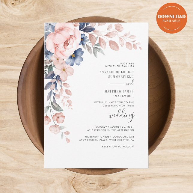 Invitation Mariage végétal rose moderne (Blush Pink Floral Watercolor Wedding Invitation)