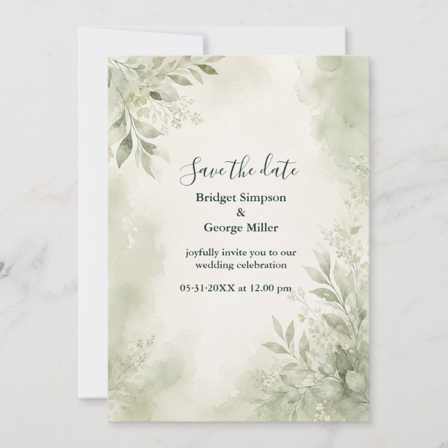 Invitation Mariage verdure romantique sauge eucalyptus (Devant)
