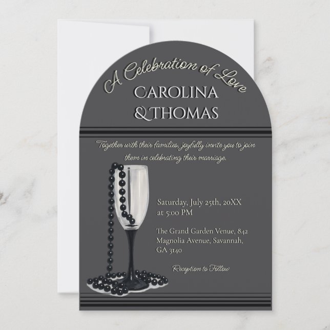 Invitation Mariage Verre à Champagne Perle Noir & Blanc (Devant)