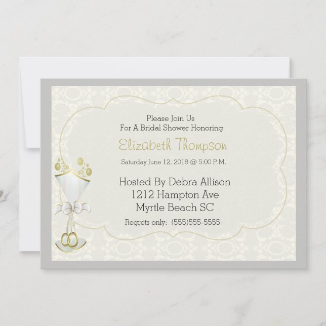 Invitation Mariage verre Bubbly Damask Fête des mariées Invit (Devant)