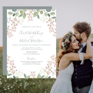 Invitation Mariage vert à la menthe rose fleurie