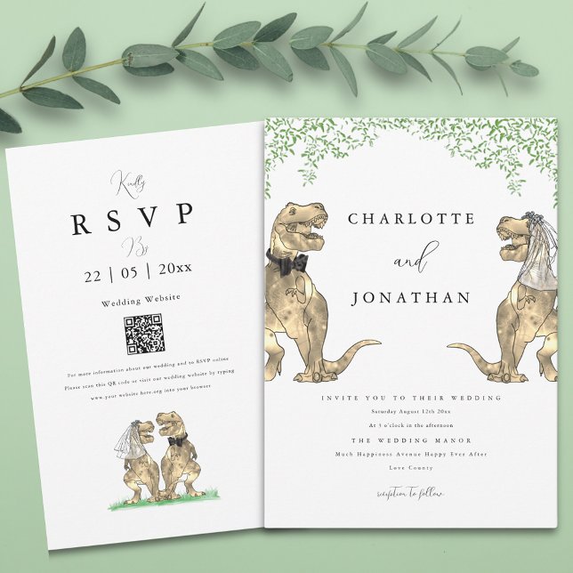 Invitation Mariage Vert avec un Thème de Dinosaures (Boho botanical dinosaur wedding invitation with qr code)