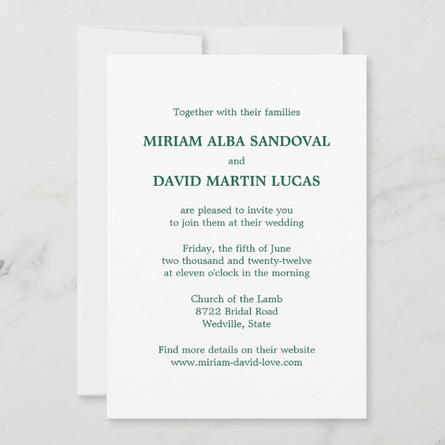 Invitation Mariage vert bilingue minimaliste (Devant)