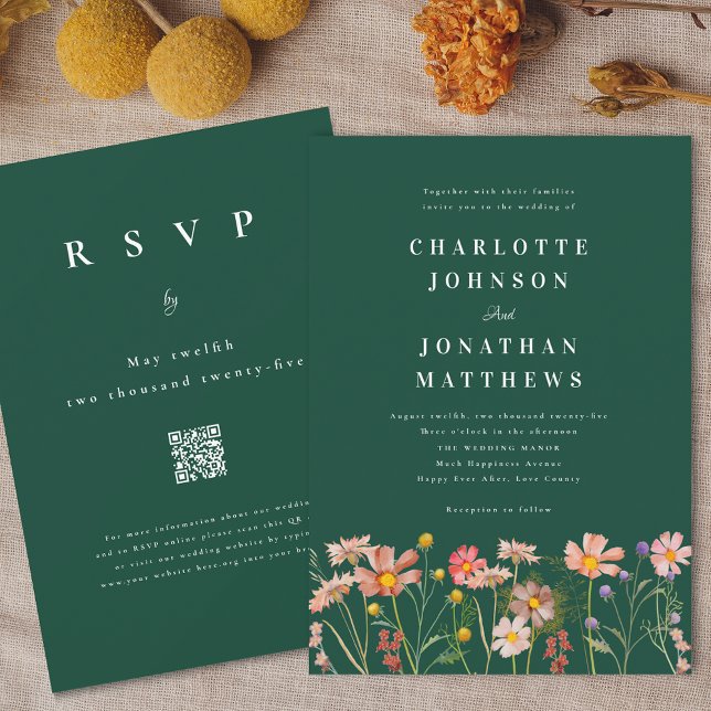 Invitation Mariage vert bohème rustique aux fleurs sauvages (Boho fall Wildflower floral dark green Wedding qr code invitation Watercolor flowers elegant modern)