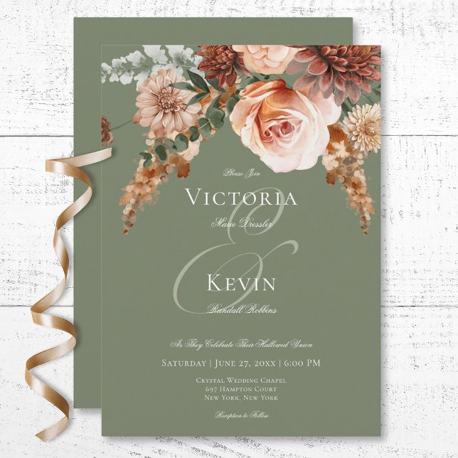 Invitation Mariage vert Boho Peach & Rust Floral Sage (Boho Peach & Rust Floral Sage Green Wedding Invitation)