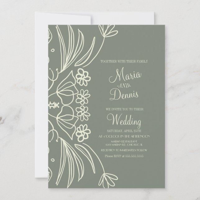Invitation Mariage Vert Botanique Floral Sauge (Devant)