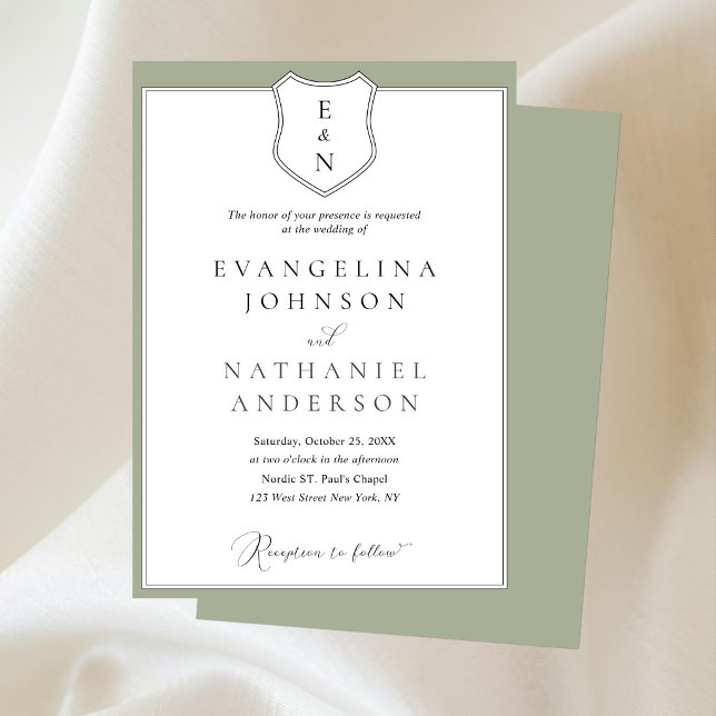 Invitation Mariage Vert Classique Formel Élégant Blason Scrip (Créateur téléchargé)